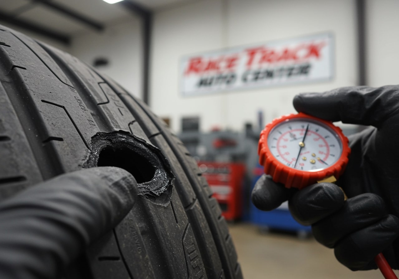 Professional run flat tire repair service at Race Track Auto Center Run flat tire patch repair Houston Texas auto center