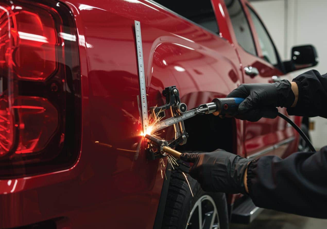 Professional GMC body repair results Before after GMC body repair transformation Houston Texas