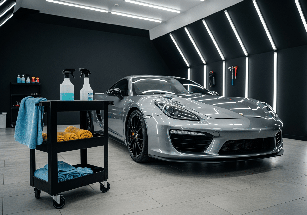 Step-by-step guide showing how to detail your own car exterior with Houston skyline background