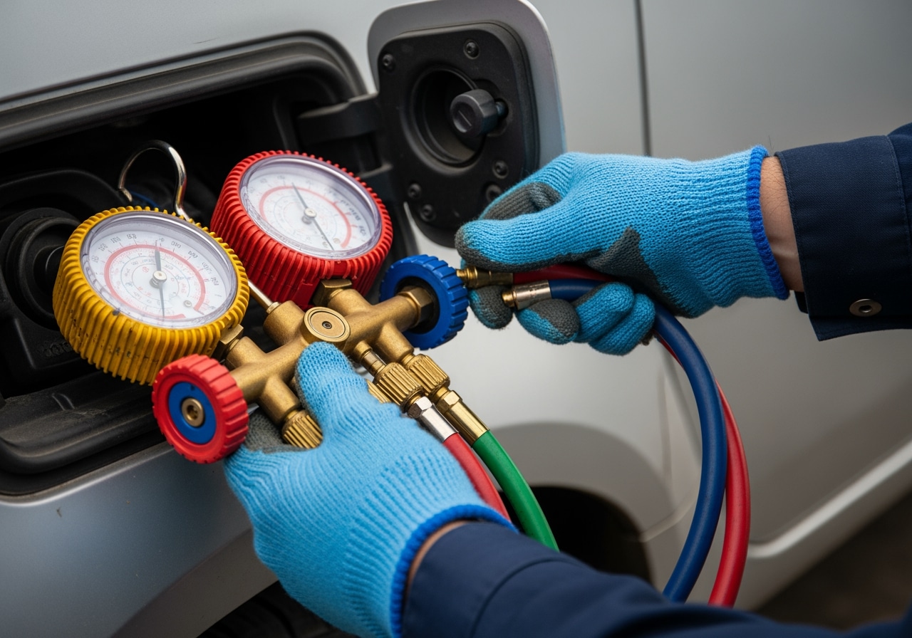 Professional auto AC diagnostic equipment showing pressure readings and system analysis at Race Track Auto Center