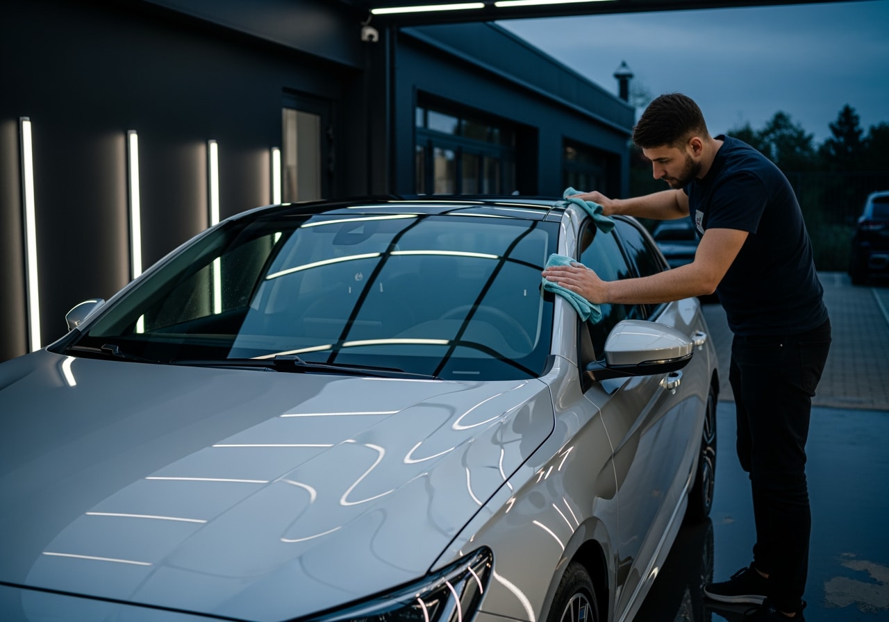 Professional technician performing car exterior detail at Race Track Auto Center in Houston