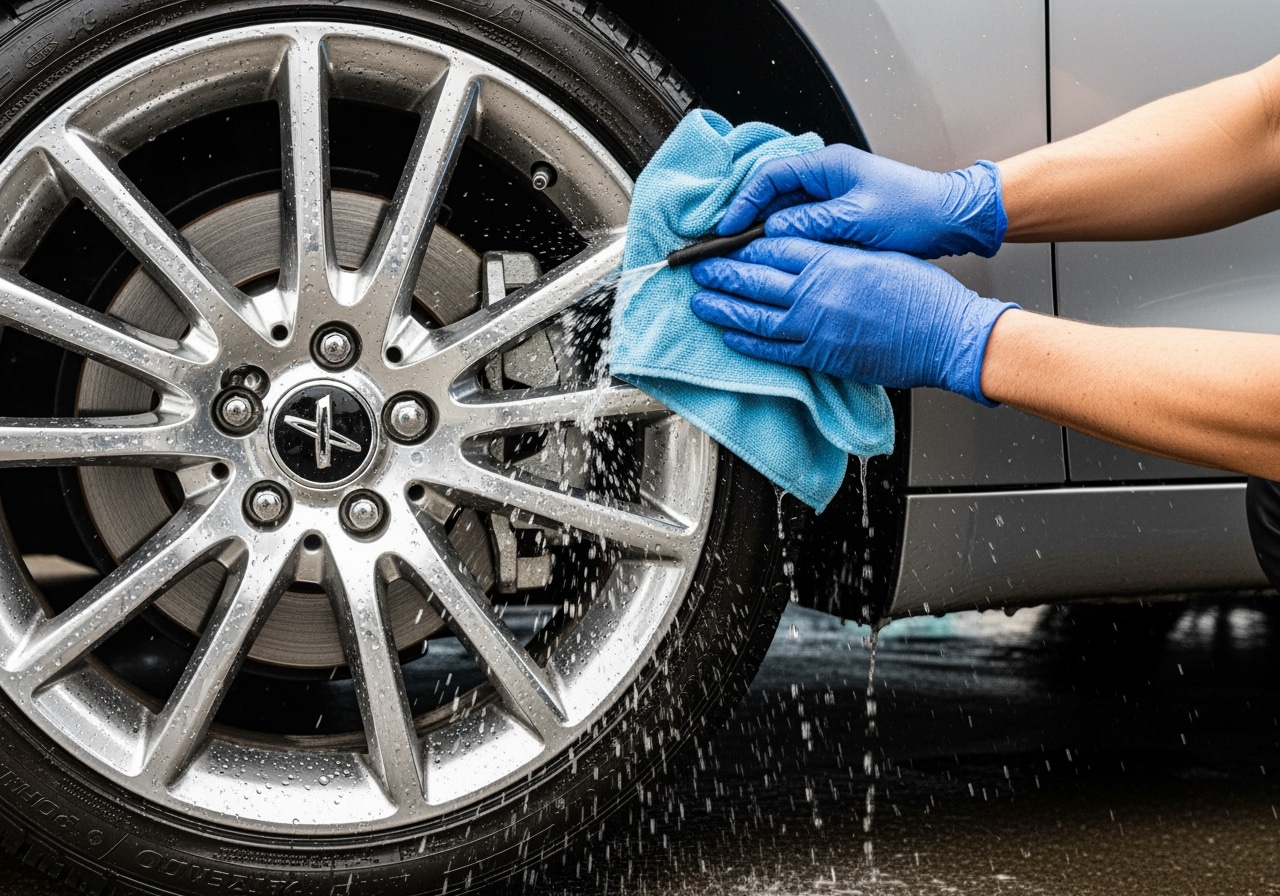 Professional technician performing comprehensive interior and exterior detailing at Race Track Auto Center in Houston