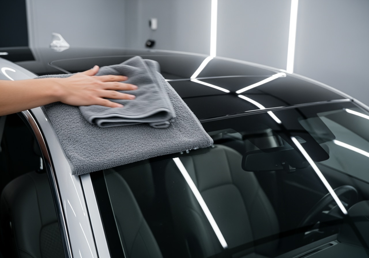 Professional technician performing exterior car detail at Race Track Auto Center in Houston