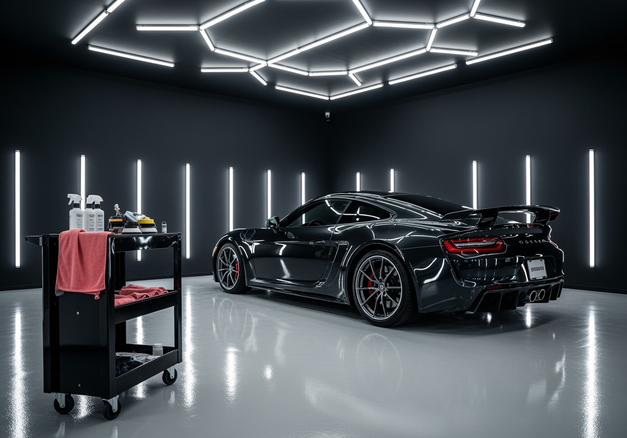 Professional technician performing exterior detail car service at Race Track Auto Center in Houston