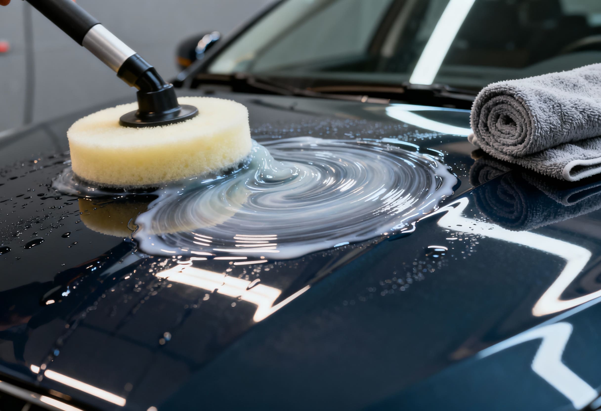 Before and after comparison showing dramatic car paint correction results with Houston skyline background
