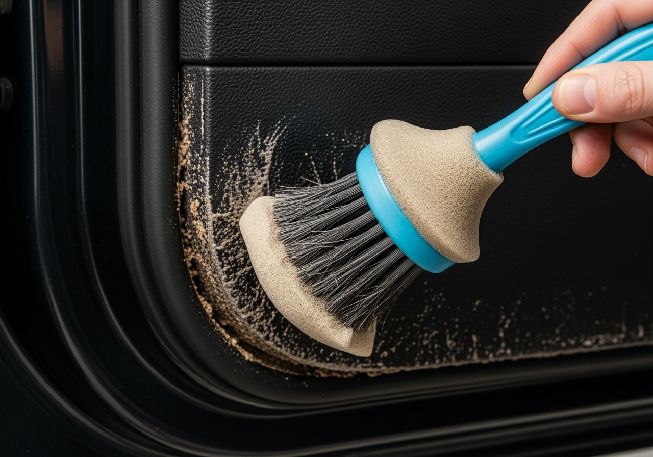 Professional technician performing exterior door jamb detail at Race Track Auto Center in Houston