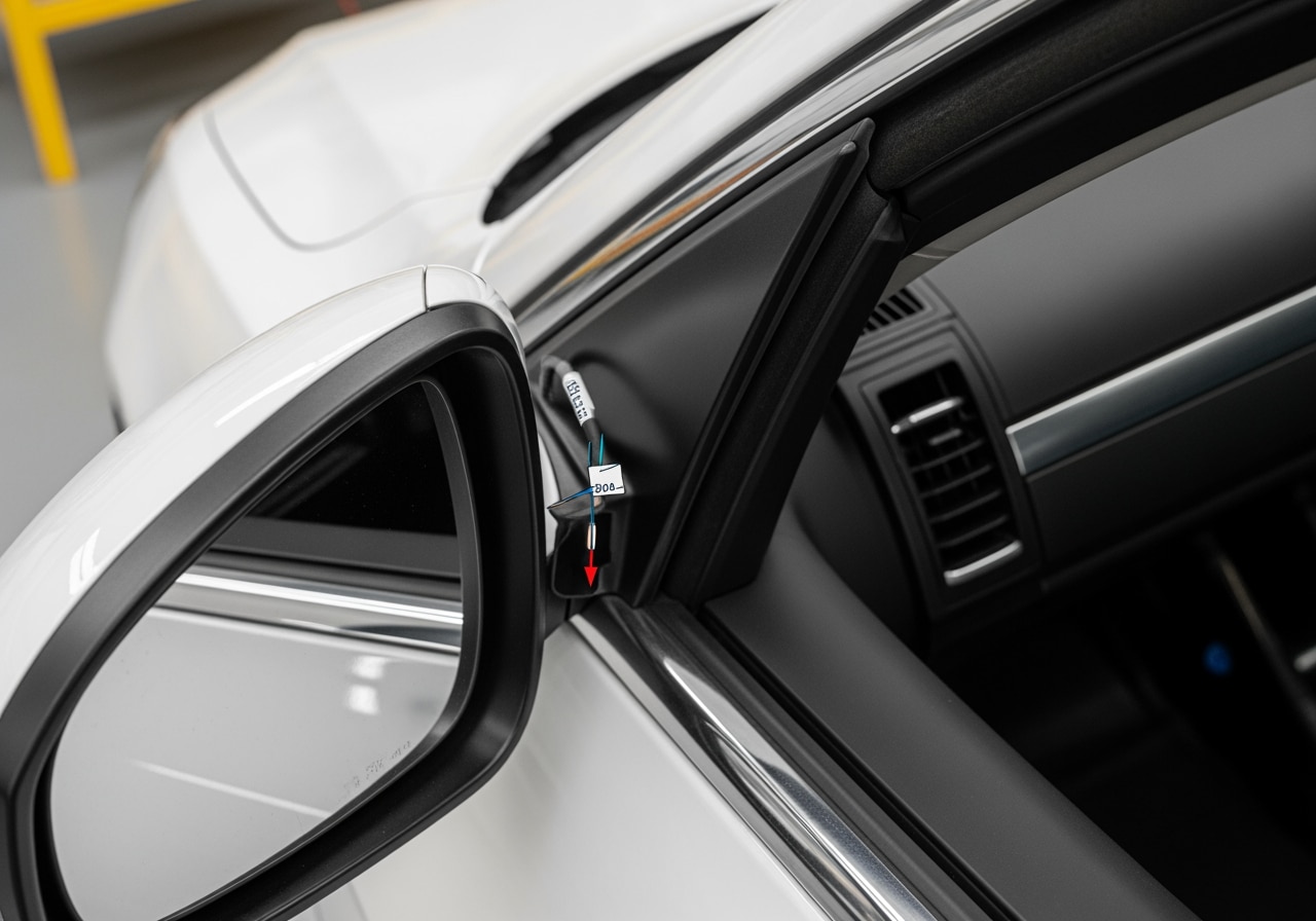 Professional technician performing exterior window trim details at Race Track Auto Center in Houston