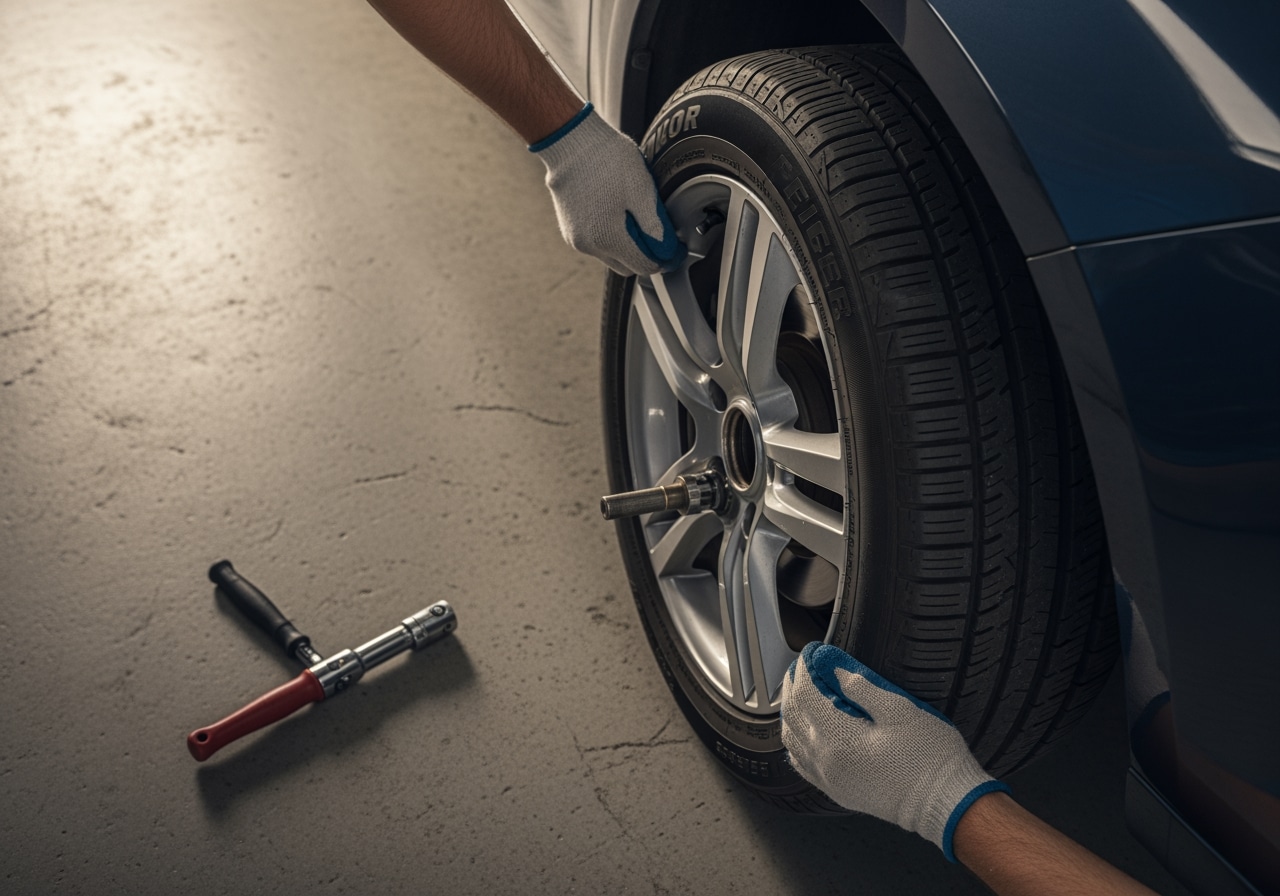 Professional FWD tire rotation technique demonstration Step-by-step FWD tire rotation safety techniques Houston Texas