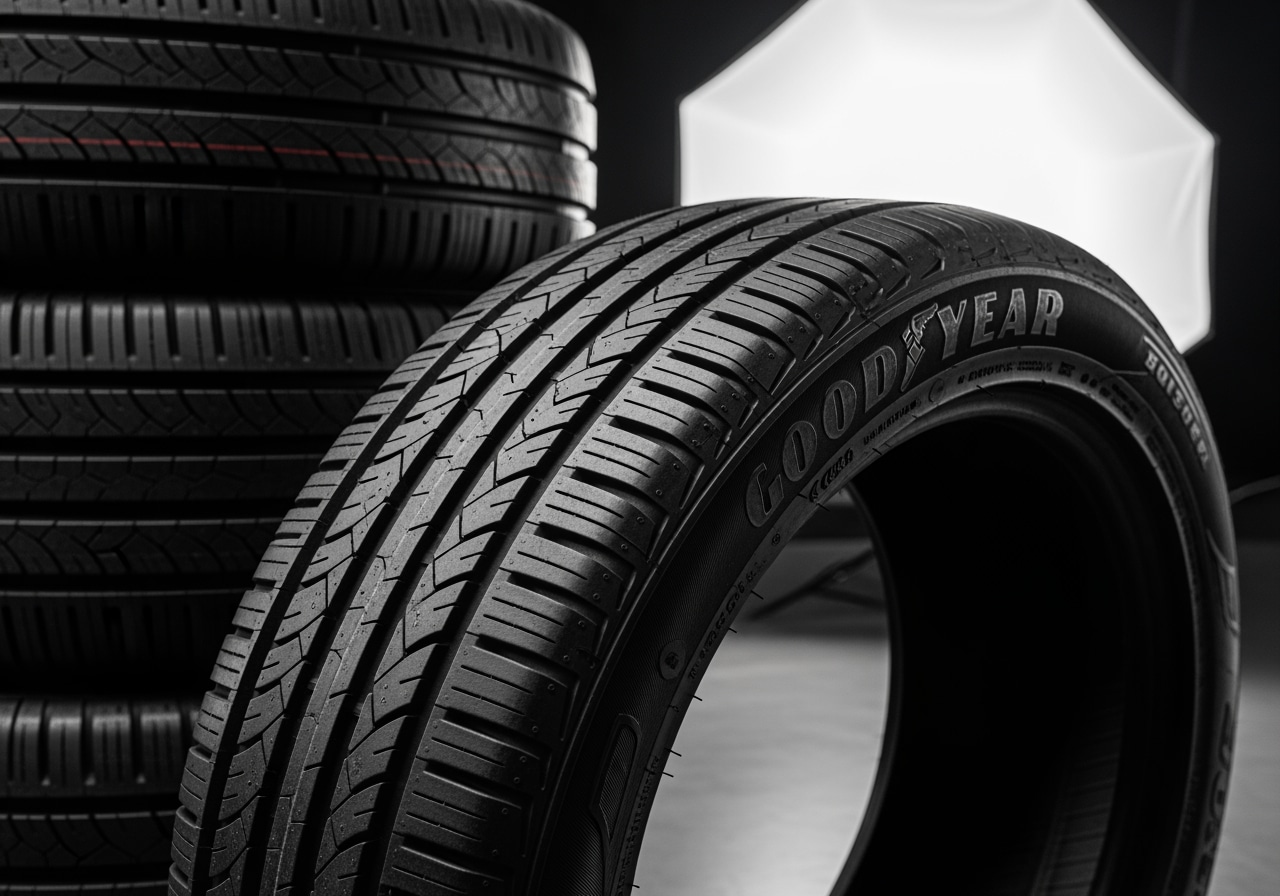 Professional tire installation equipment and organized workspace showing specialized tools for proper Goodyear tire service