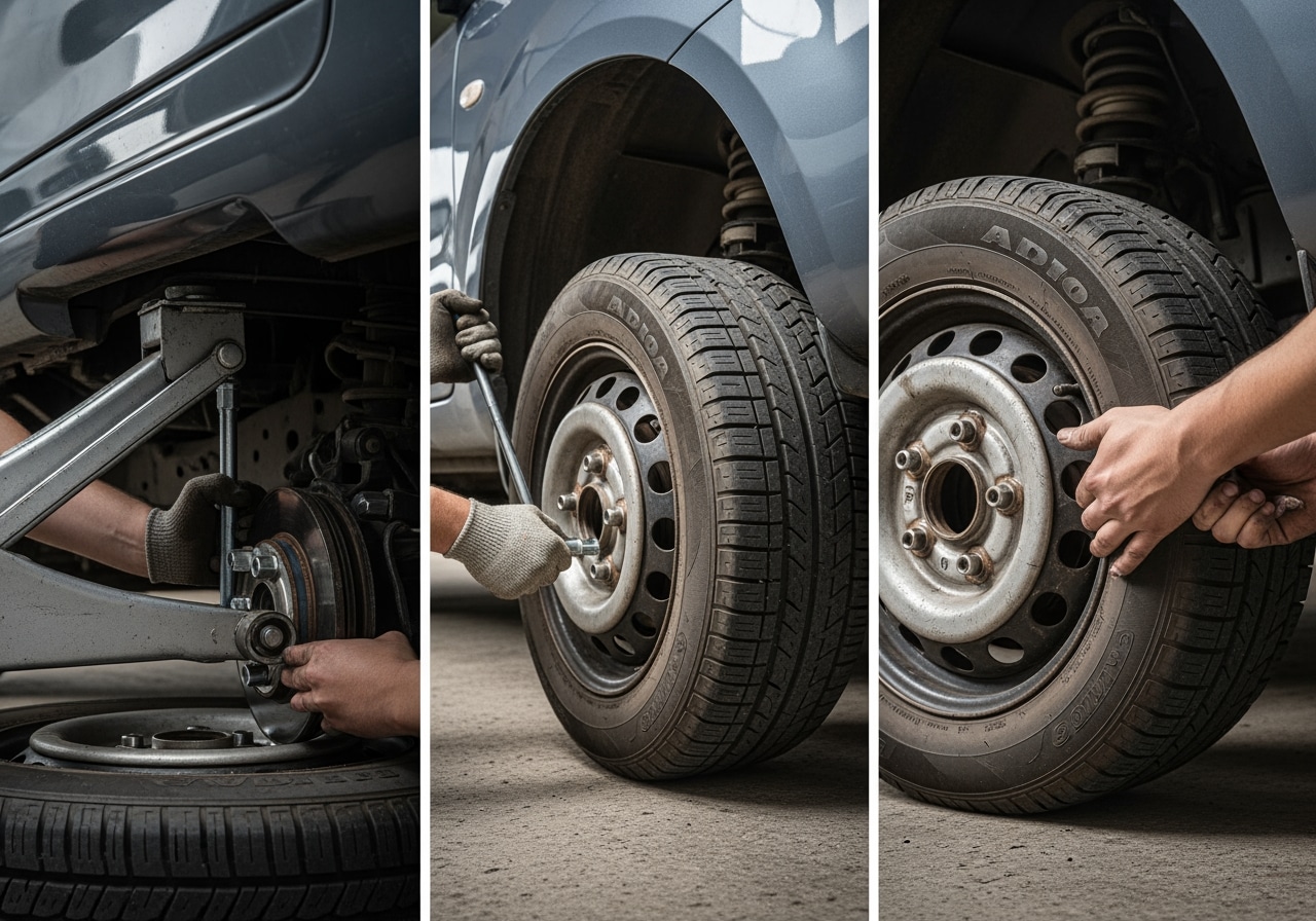 Professional technician changing tire with time display at Race Track Auto Center in Houston