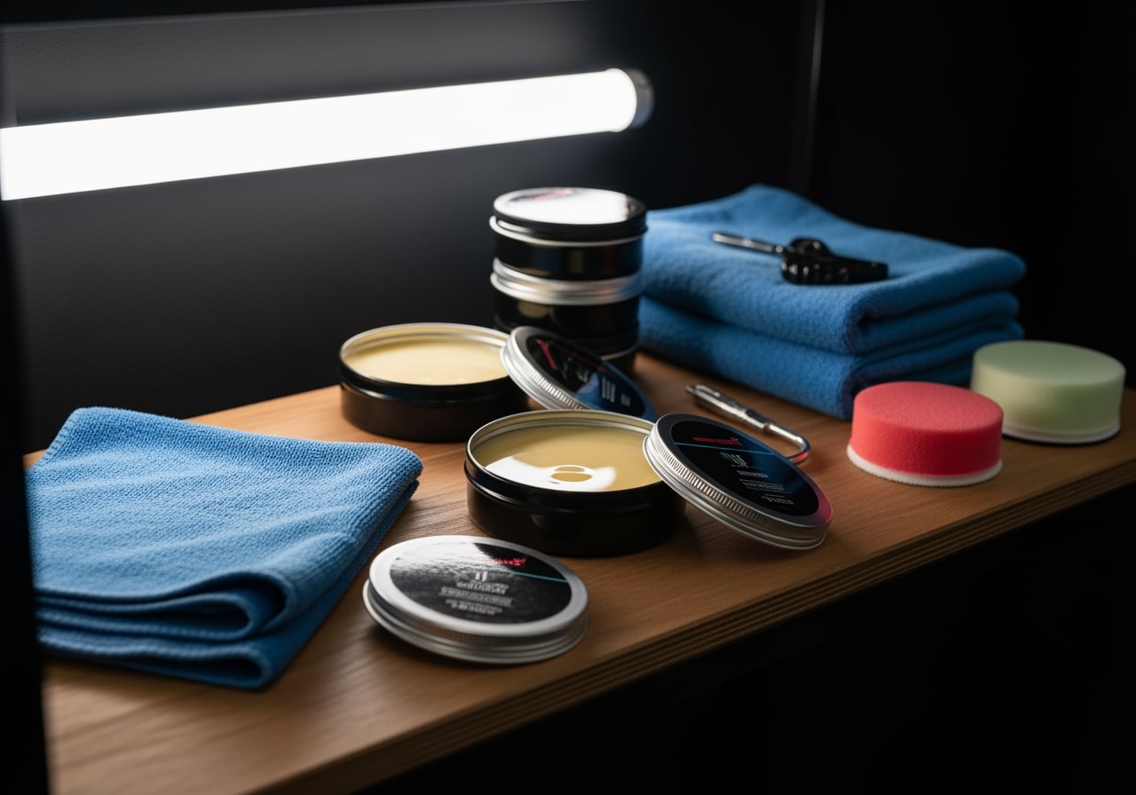 Race Track Auto Center showing professional interior and exterior detailing equipment and premium products