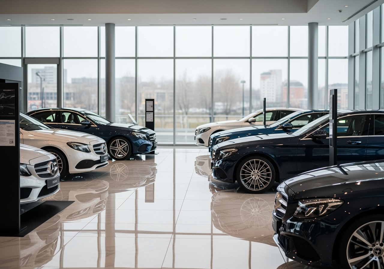 Professional technician performing diagnostic service on luxury Mercedes-Benz vehicle at Race Track Auto Center in Houston