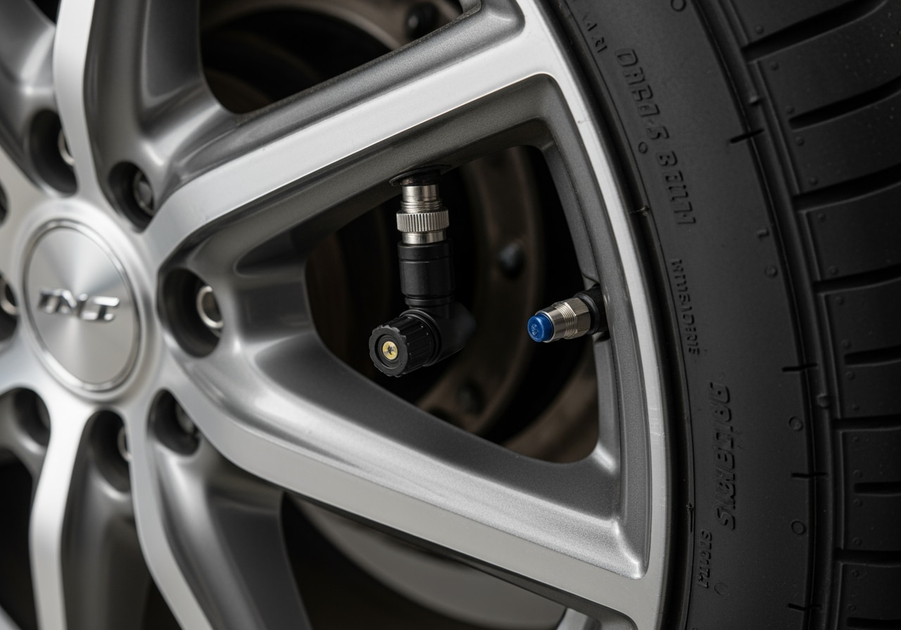 Before and after comparison showing TPMS warning light elimination with Houston road background