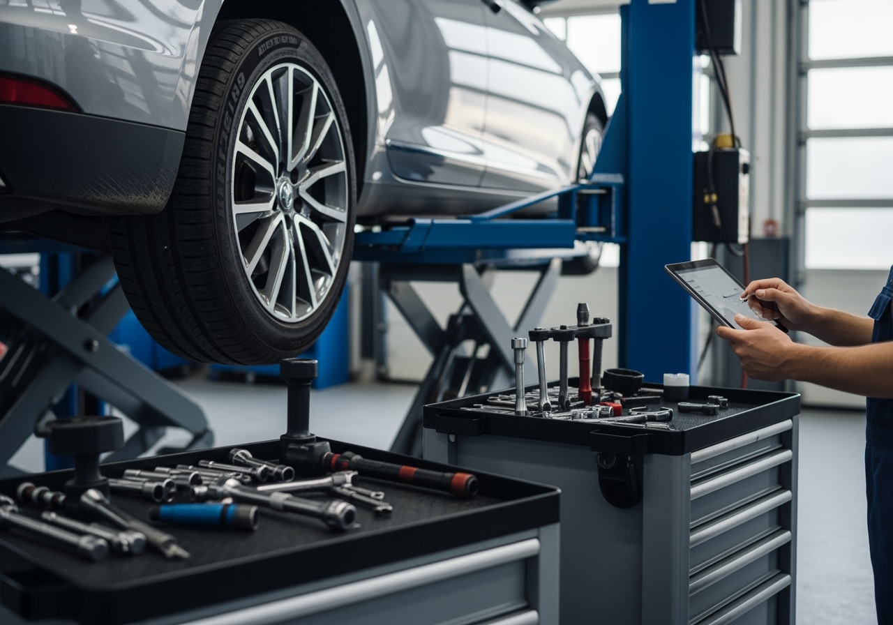 Step-by-step tire installation process showing professional equipment and safety procedures at Race Track Auto Center