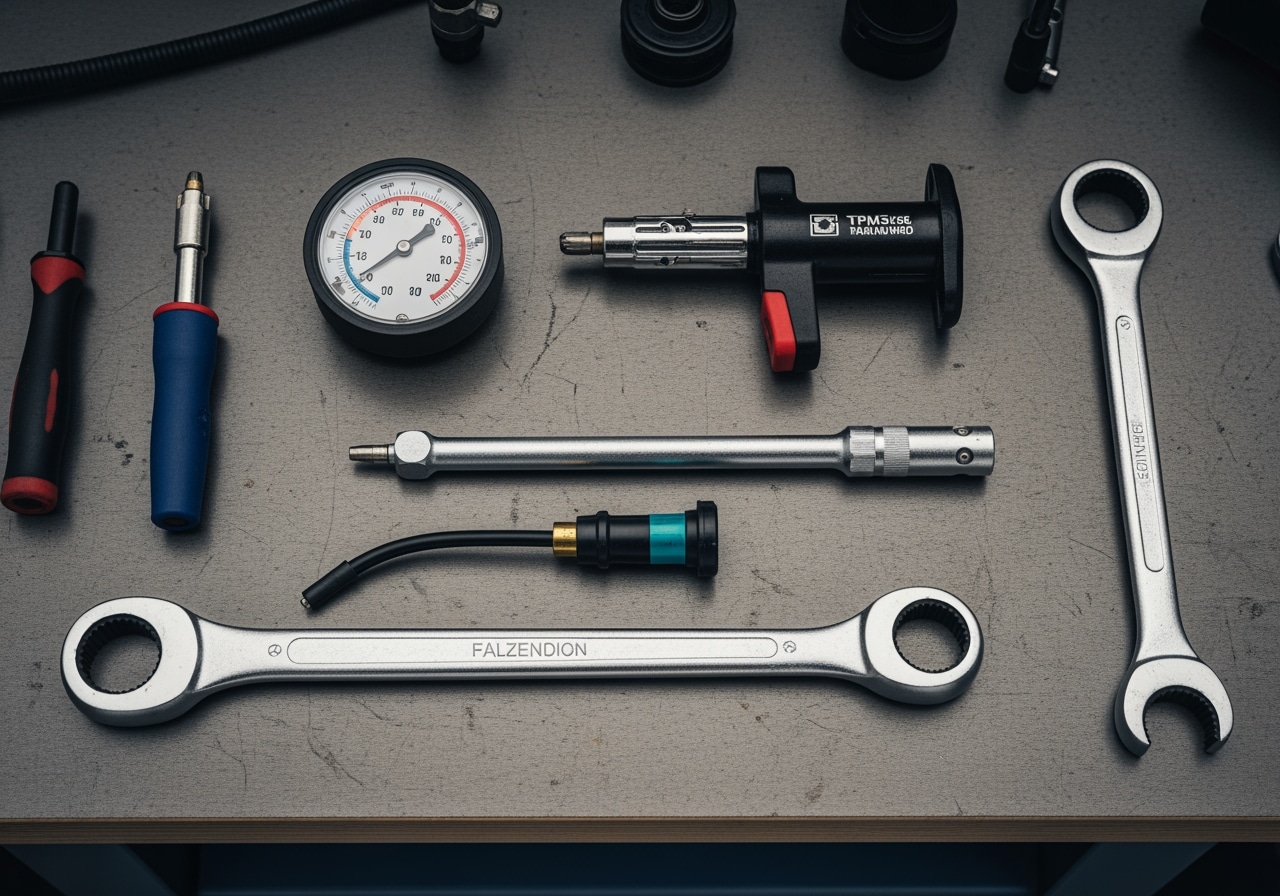 Professional tire maintenance tools and equipment displayed in organized workspace at Race Track Auto Center