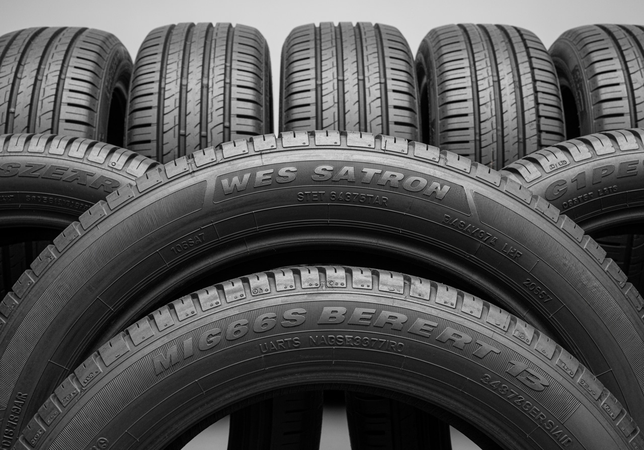 Close-up tire sidewall showing detailed number markings and explanations with Houston backdrop