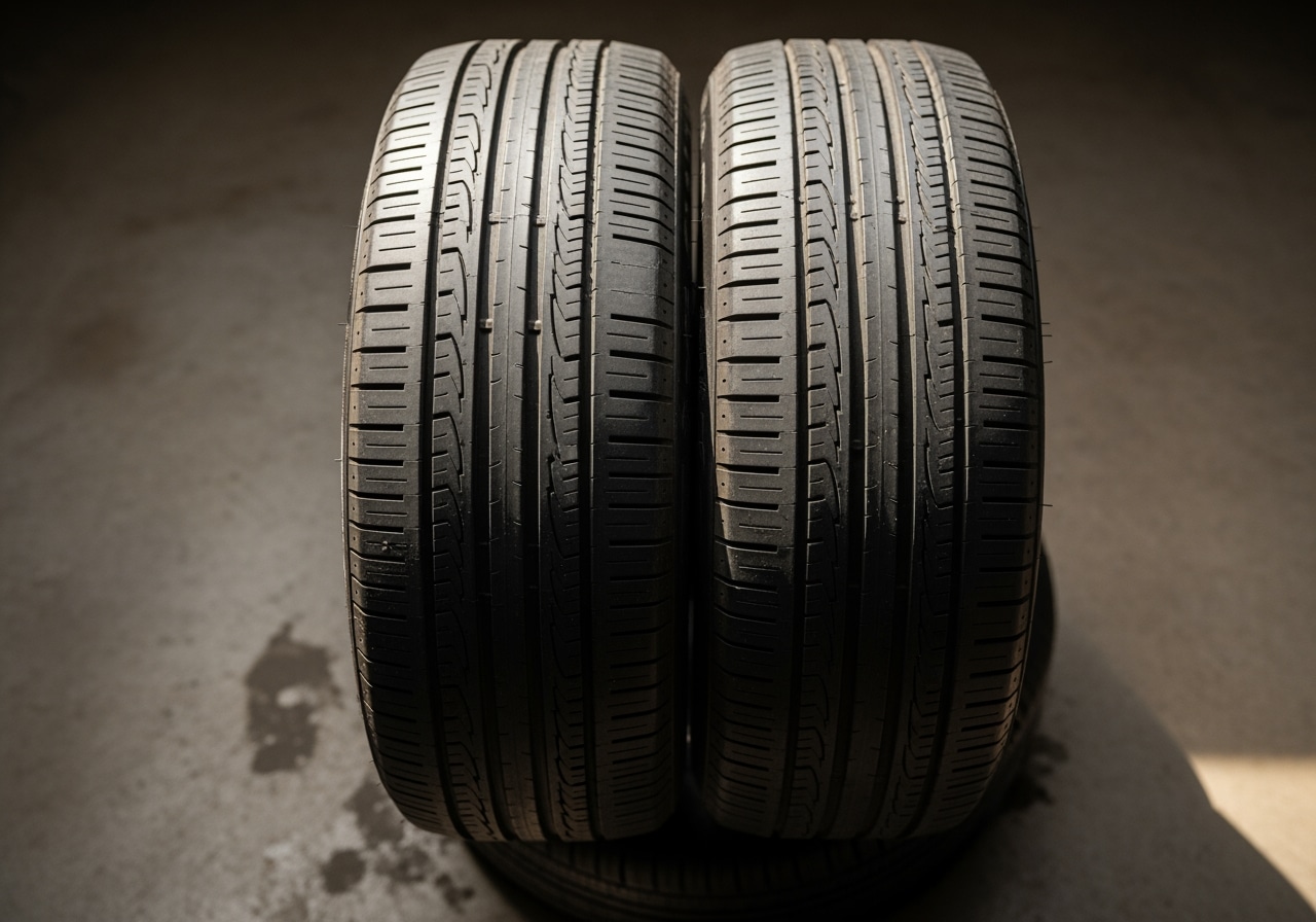 Before and after comparison showing professional tire installation with balanced wheels and proper alignment at Race Track Auto Center